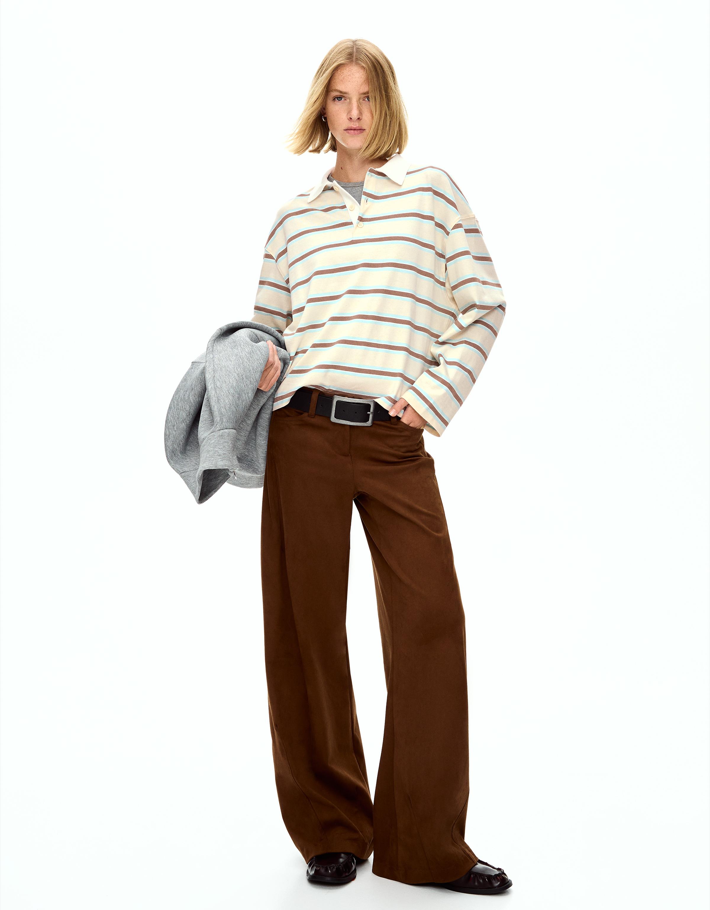 Bershka Langarm-Shirt Mit Polo-Kragen Damen Xxs Rohweiß