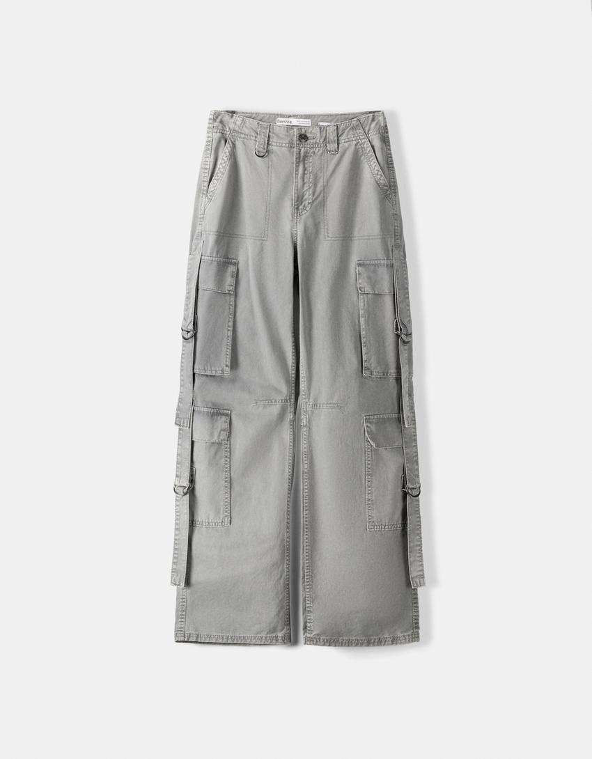 Pantalons de butxaques cotó tires-Gris-4