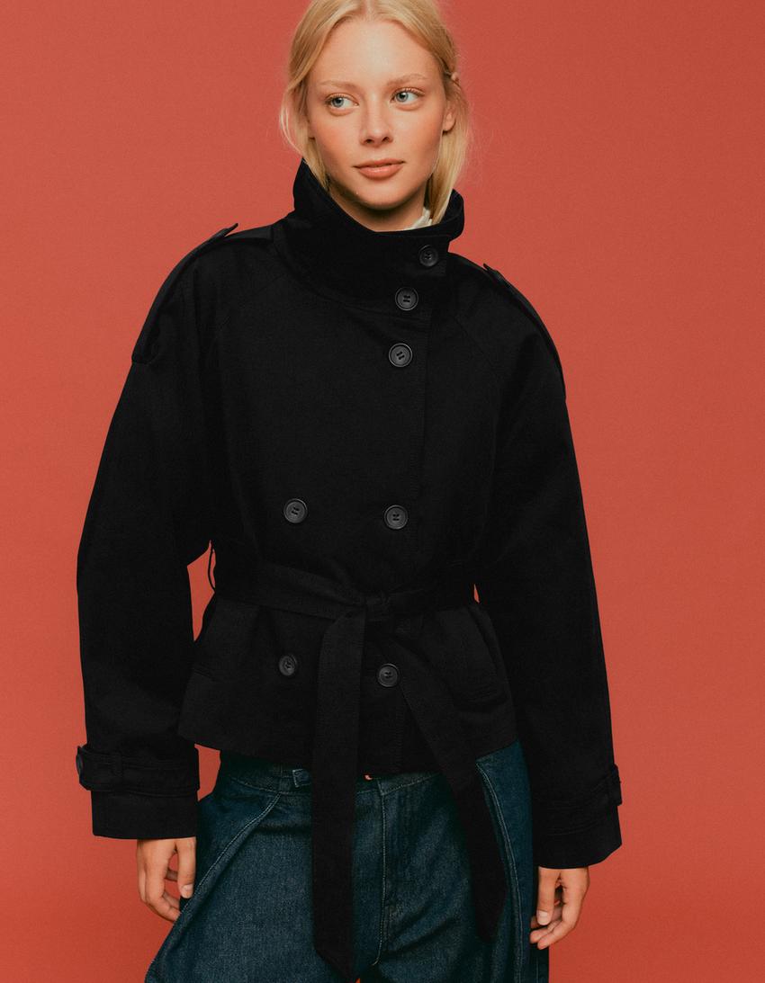 Funnel neck trench jacket-Black