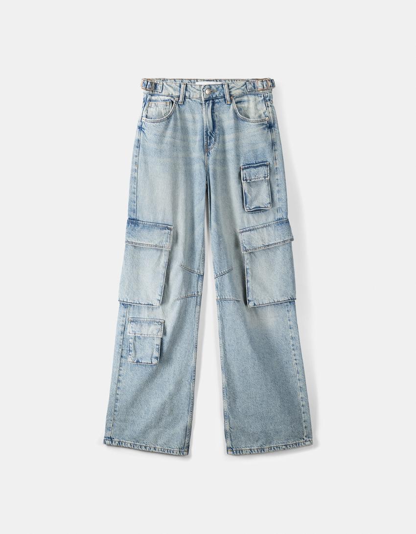 بنطال جينز كارغو متعدد الجيوب-أزرق فاتح-5