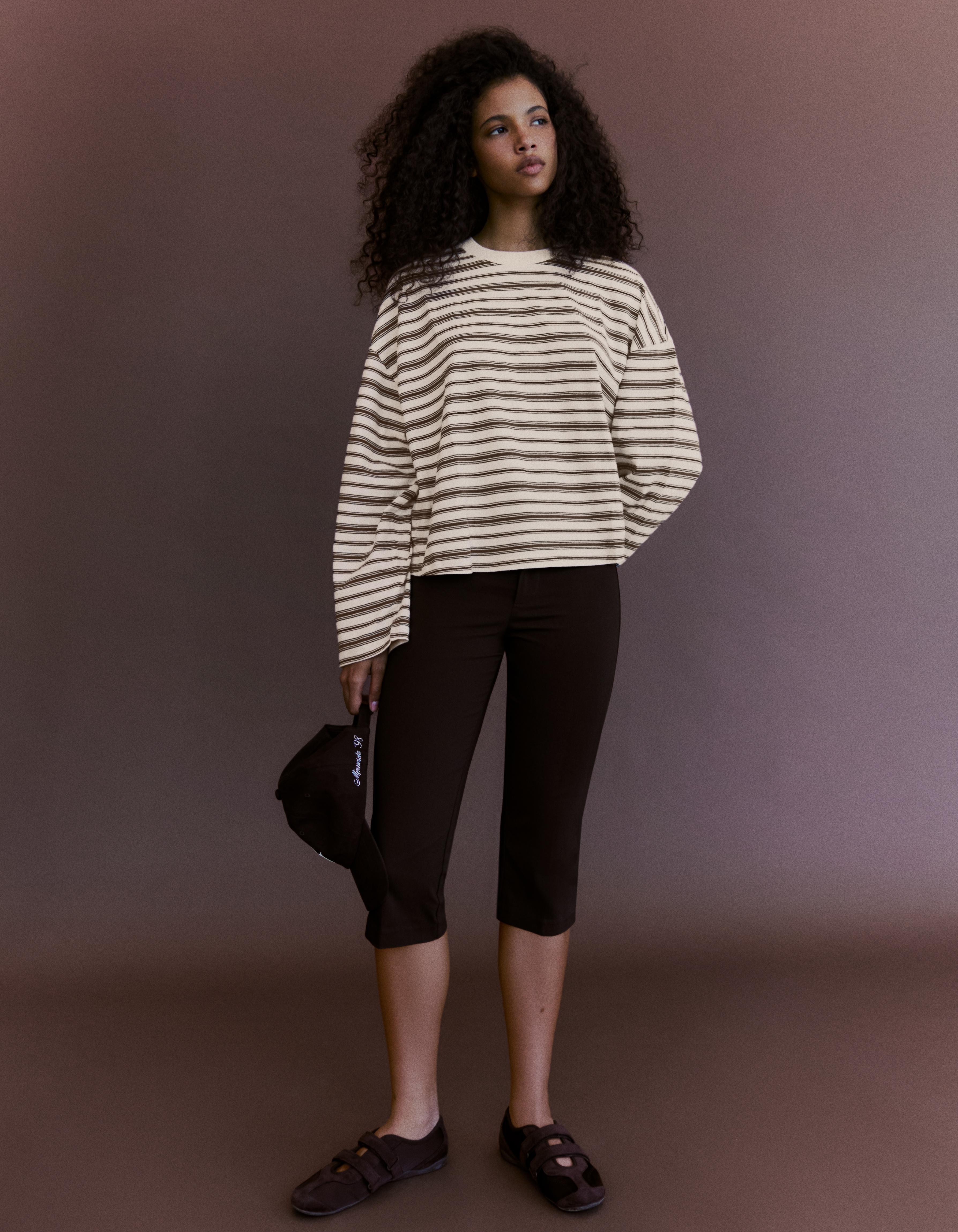 Striped boxy long sleeve T-shirt — Cream