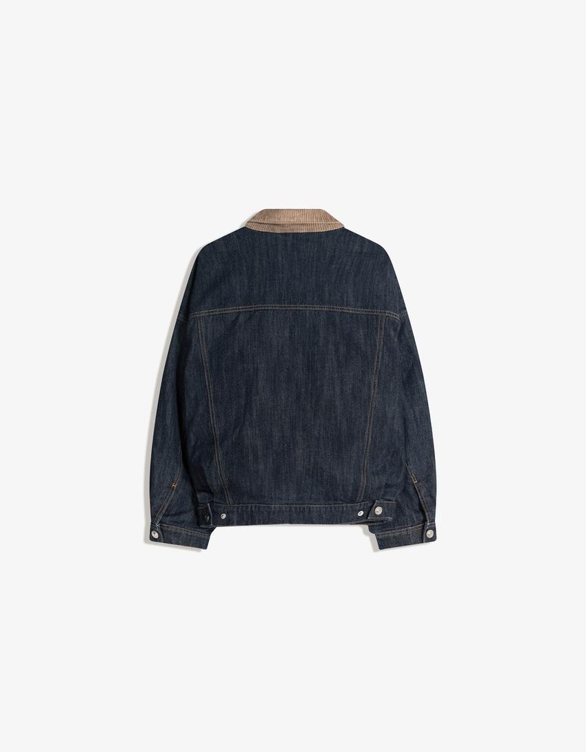Oversize denim jacket with contrast collar-Navy