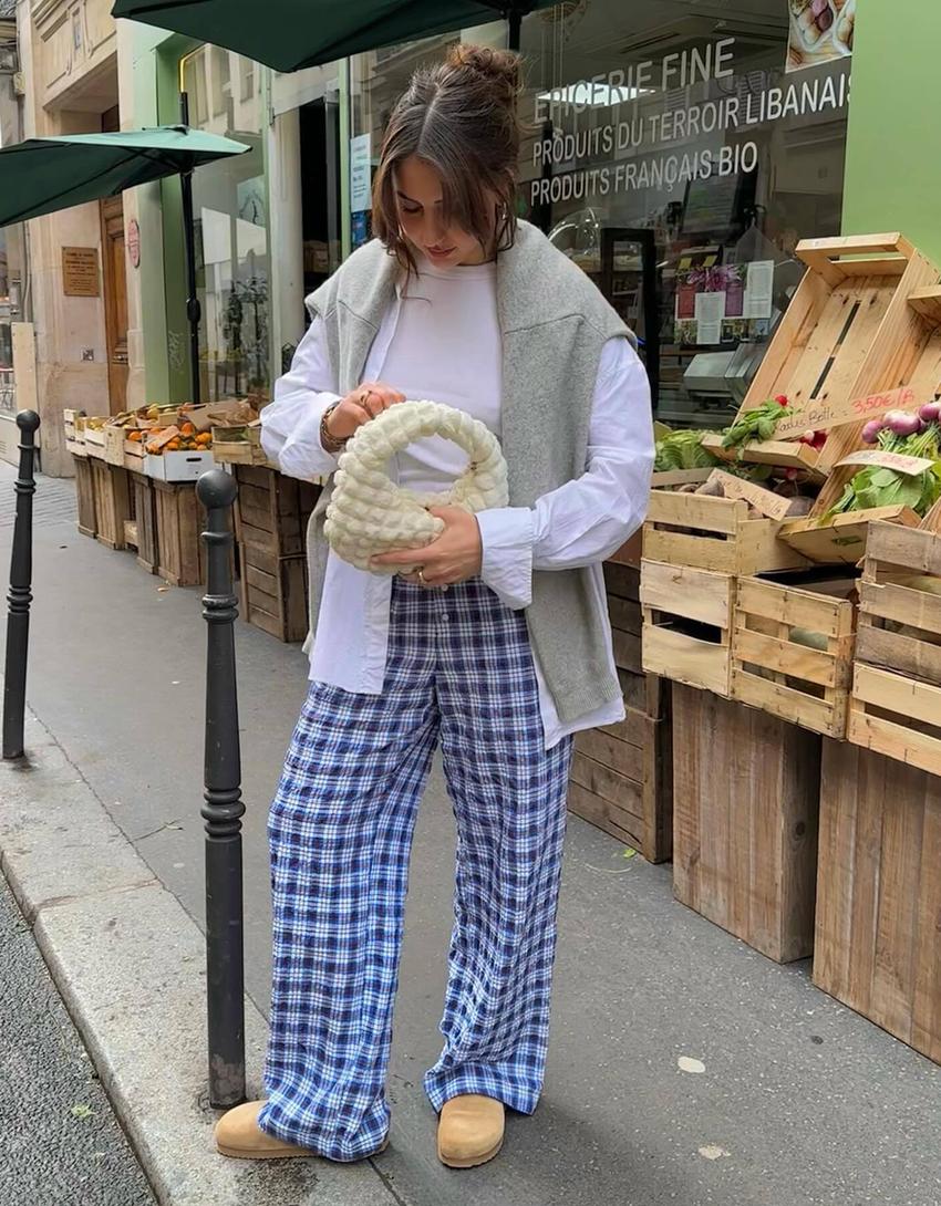 Check wide-leg trousers-Blue-3