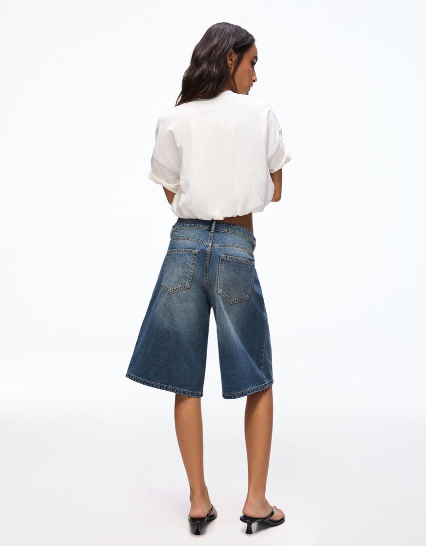 Baggy denim Bermuda shorts-Blue