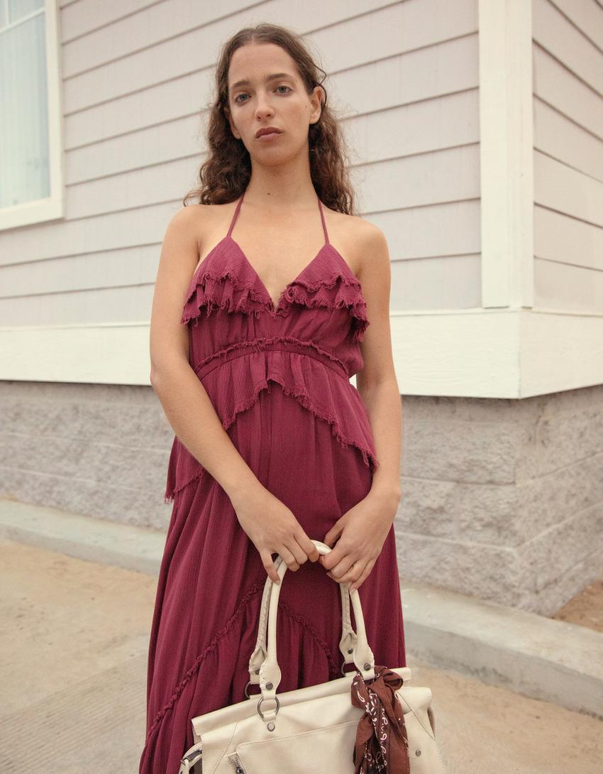 Vestido maxi textura volantes-Burdeos-1