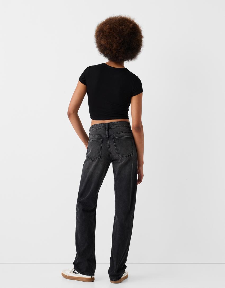 Cropped short sleeve T-shirt with detail-Black-1