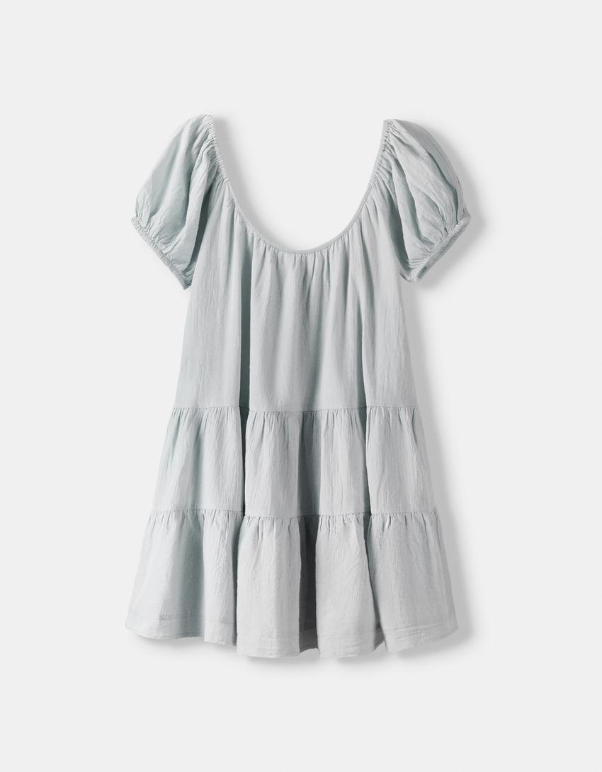 فستان قصير ريفي بكشكش-أزرق فاتح-4