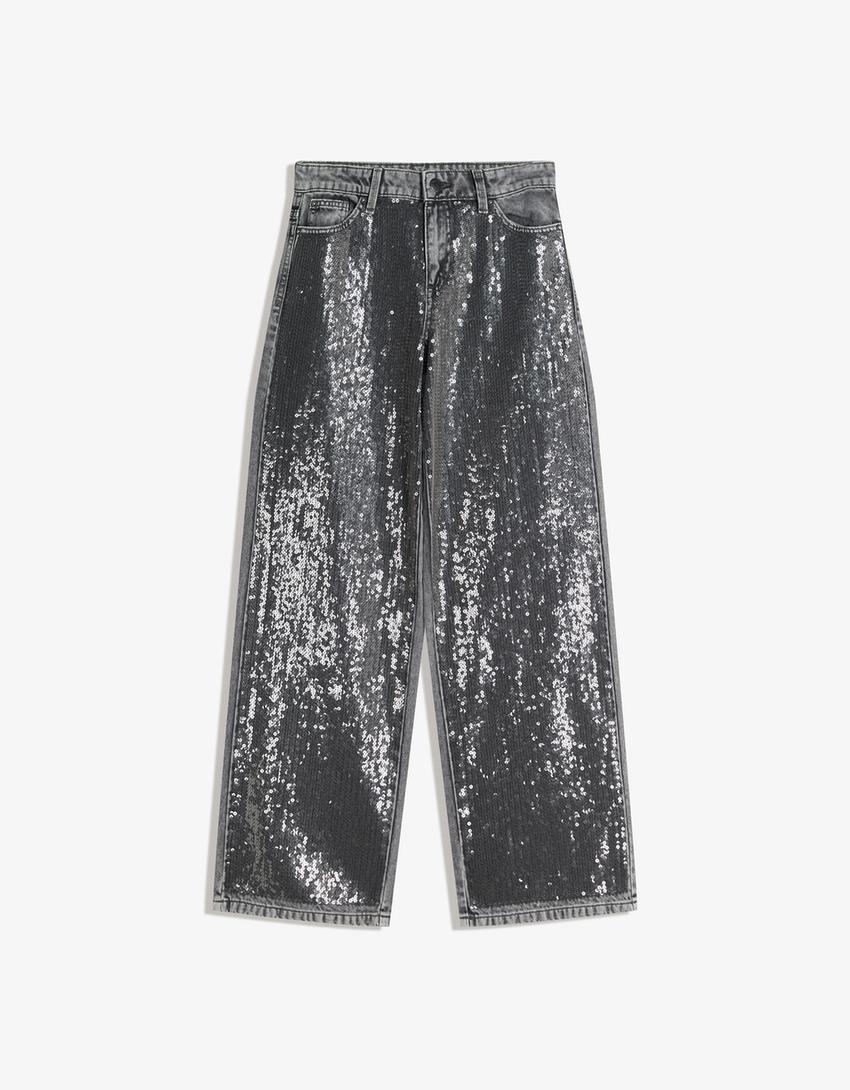 Pantalón barrel lentejuelas-Gris oscuro