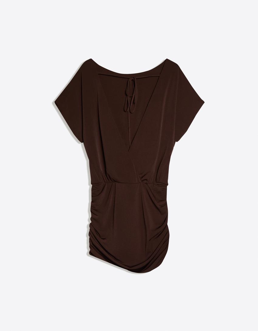 Vestido espalda abierta falda drapeada-Marrón