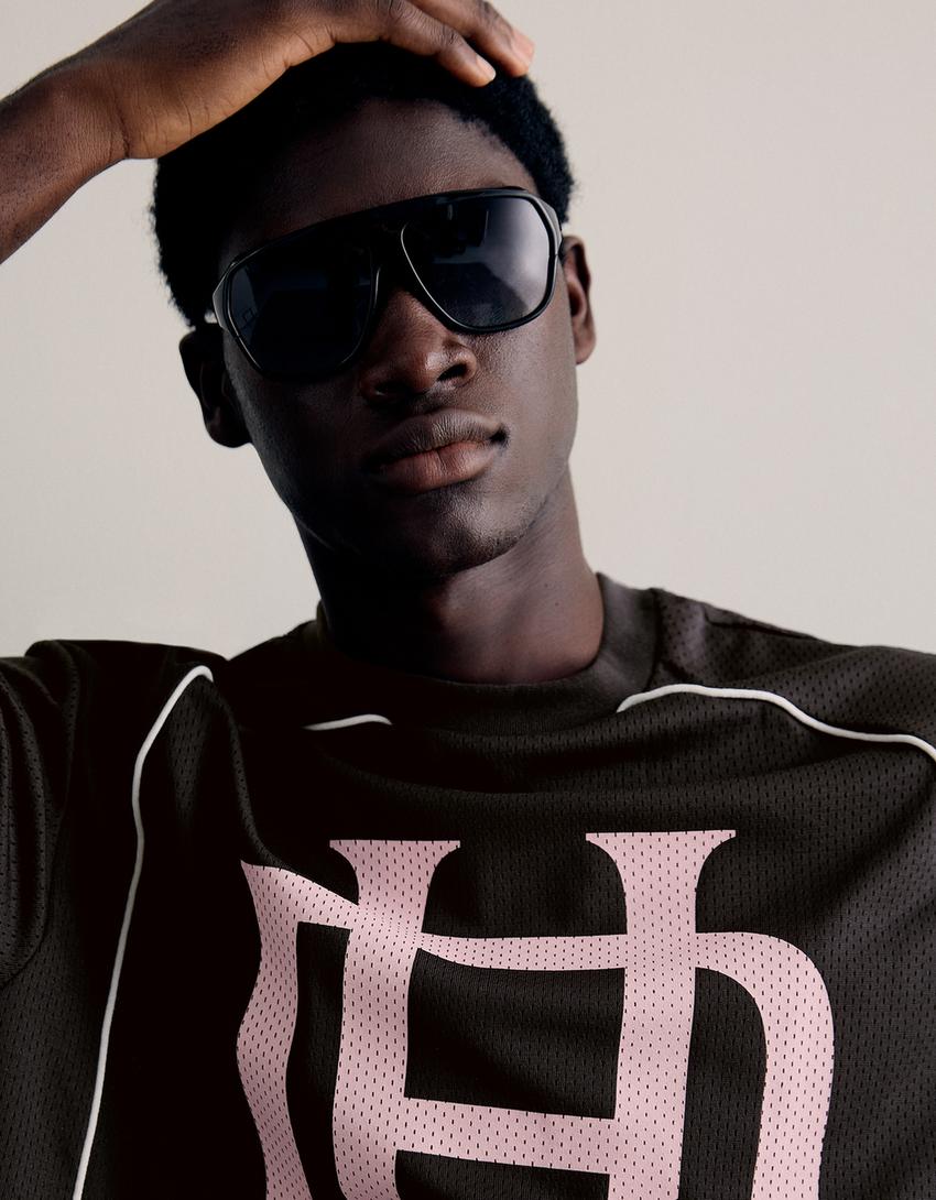 Kısa kollu file baskılı tişört-Gri