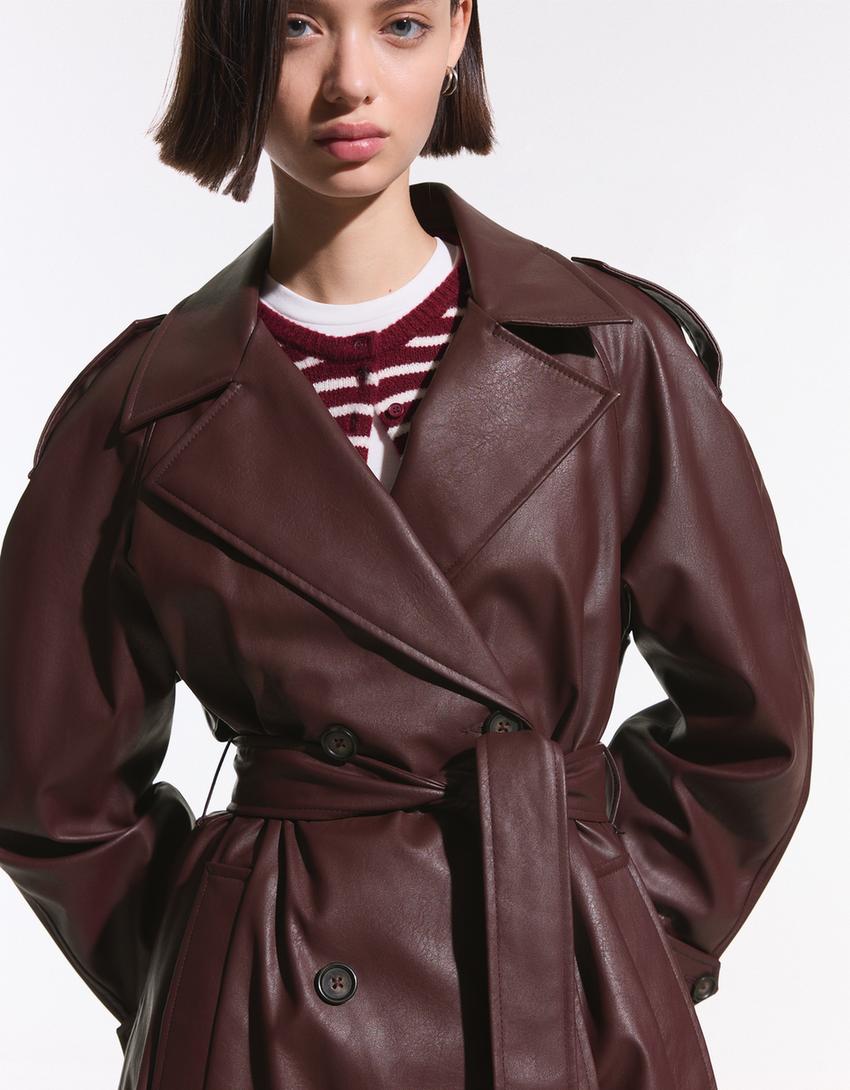 Faux leather trench coat-Maroon