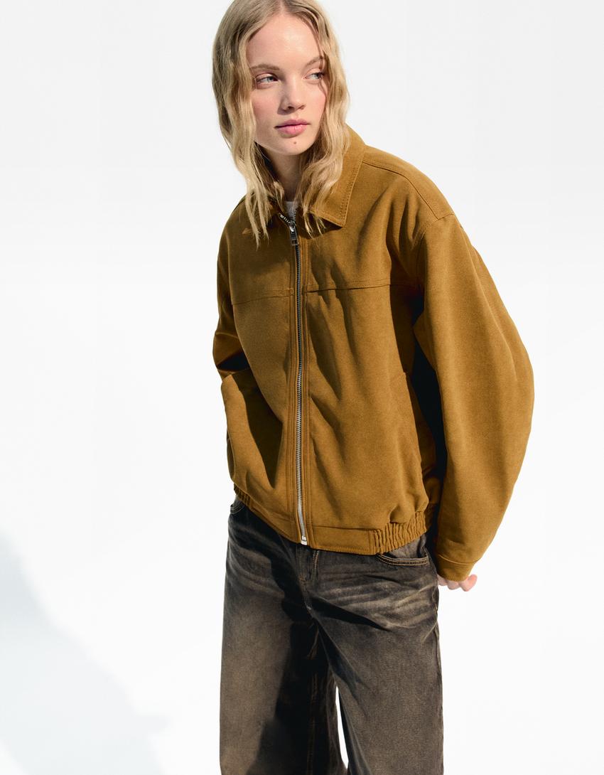 Faux suede trucker jacket-Light Brown-0