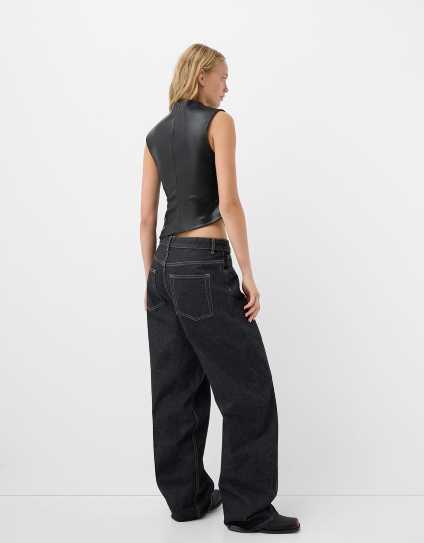 Asymmetric draped leather effect top-Black-1