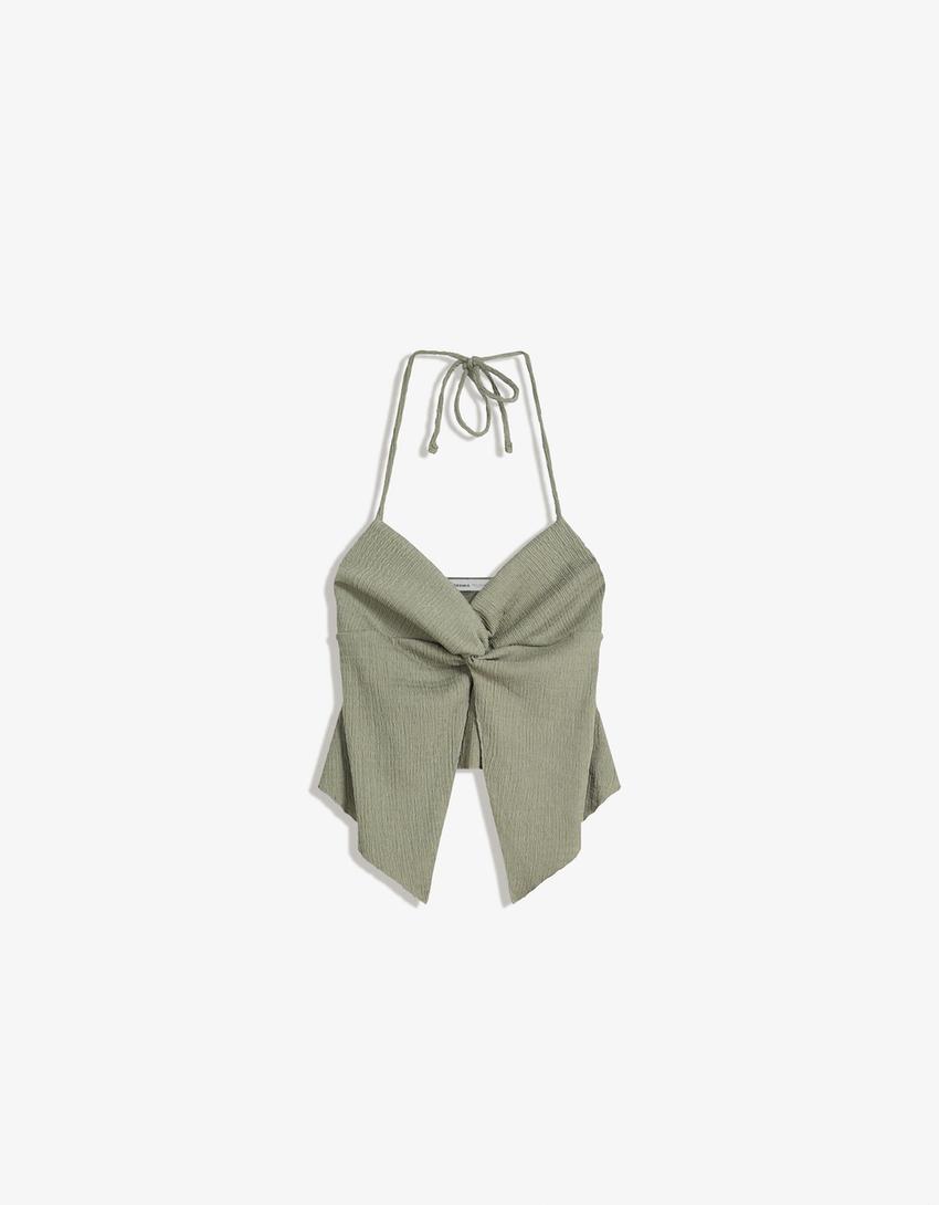 Top halter texturat cu nod-Verde