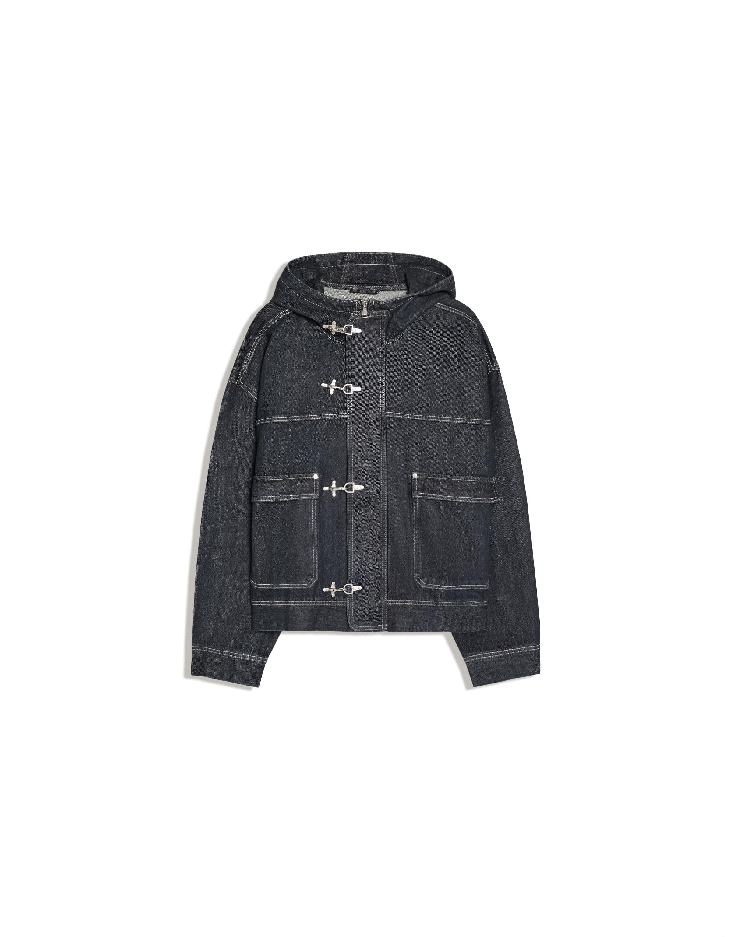 Denim jacket with hood and clasps — Navy