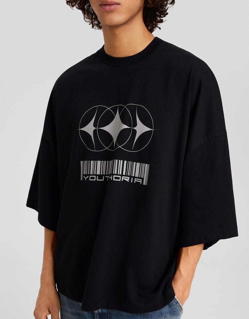 Printed short sleeve oversize T-shirt-Black-2