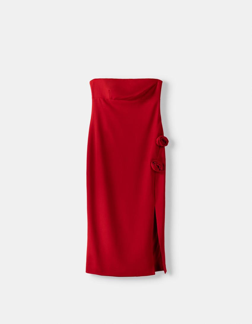 فستان شريطي متوسط الطول بتفصيل زهرة-أحمر-4