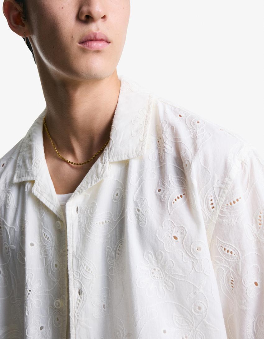 Short sleeve shirt with floral embroidery-Sand-2