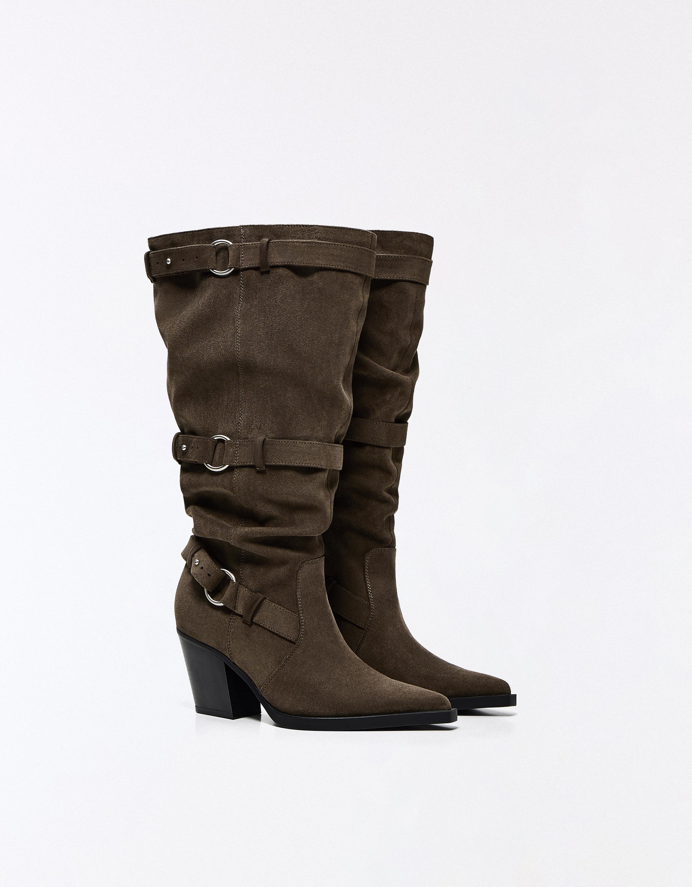 Bershka Bota Tacón Arandelas Mujer 35 Tostado