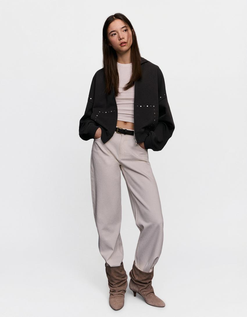 Hoodie med dragkedja och nitar-Mörkgrå