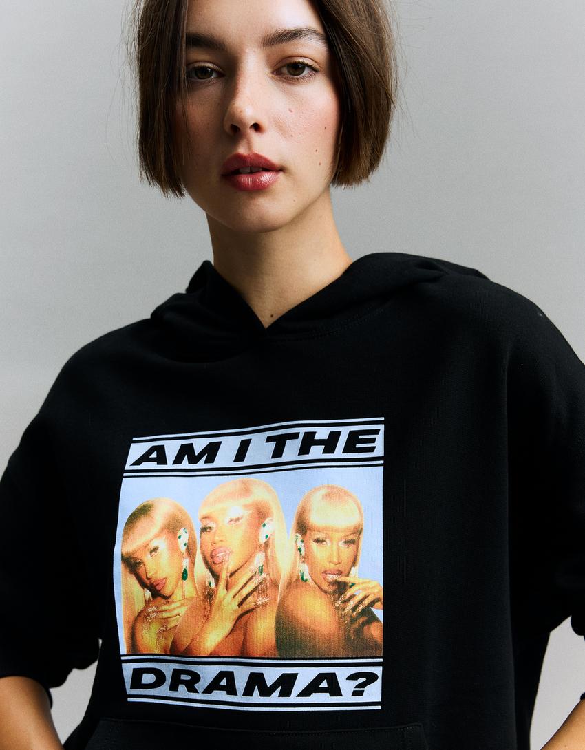 Cardi B baskılı kapüşonlu sweatshirt-Siyah