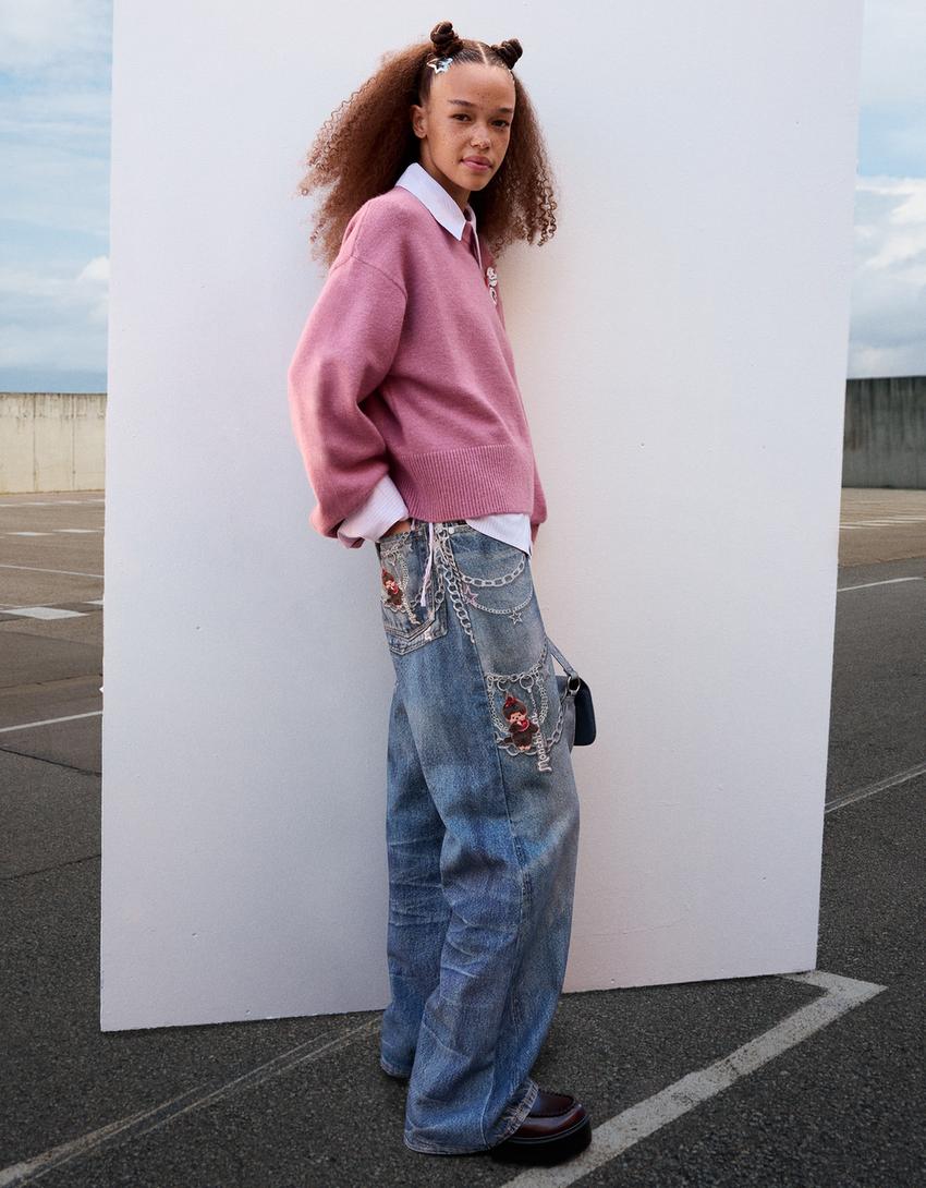 Monchhichi print baggy jeans-Light blue