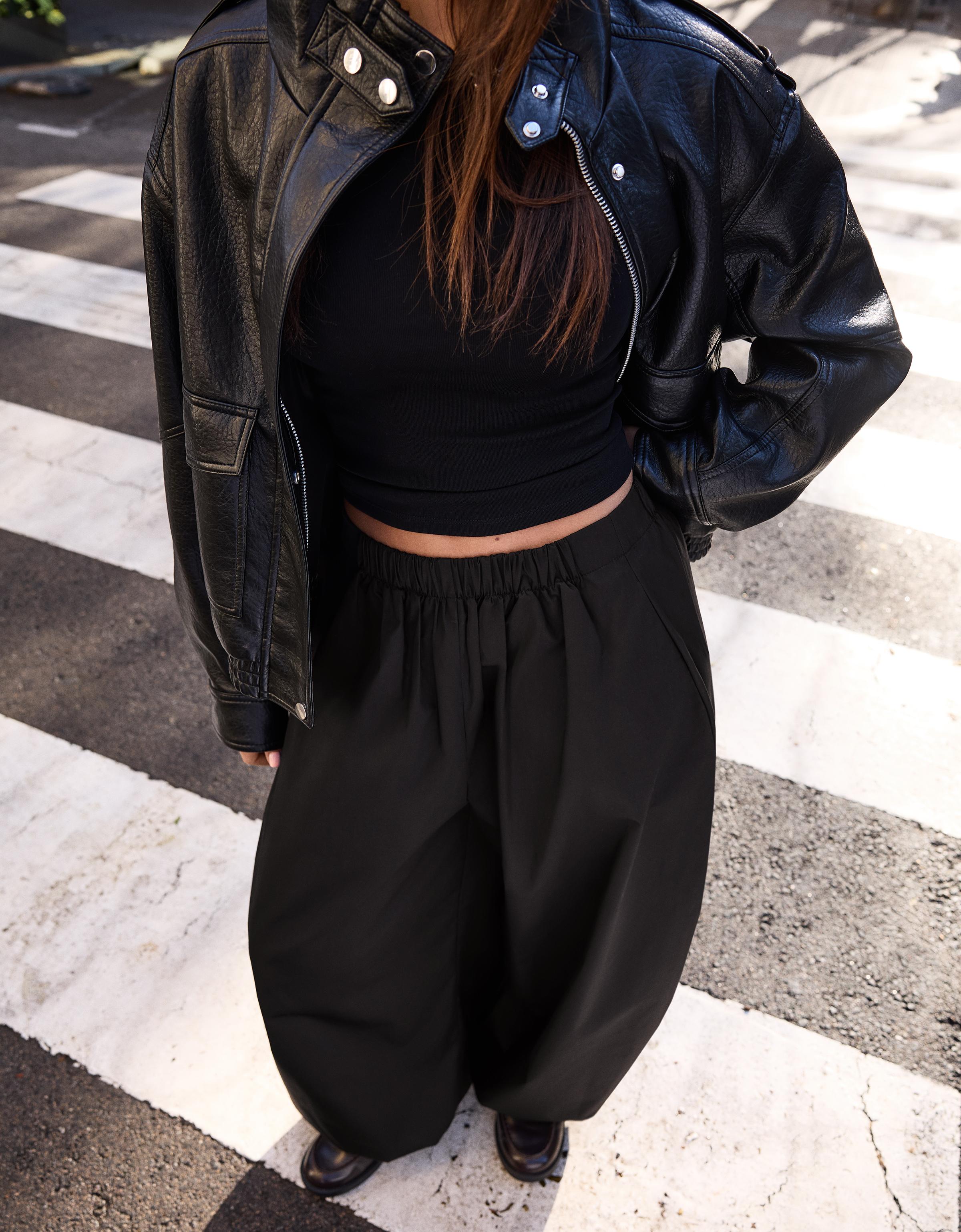 Leather effect funnel neck jacket — Black