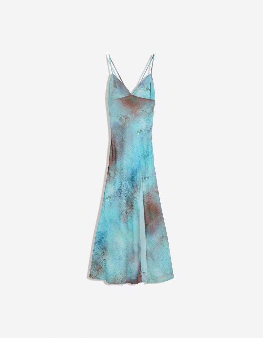 Robe midi imprimée-Bleu turquoise