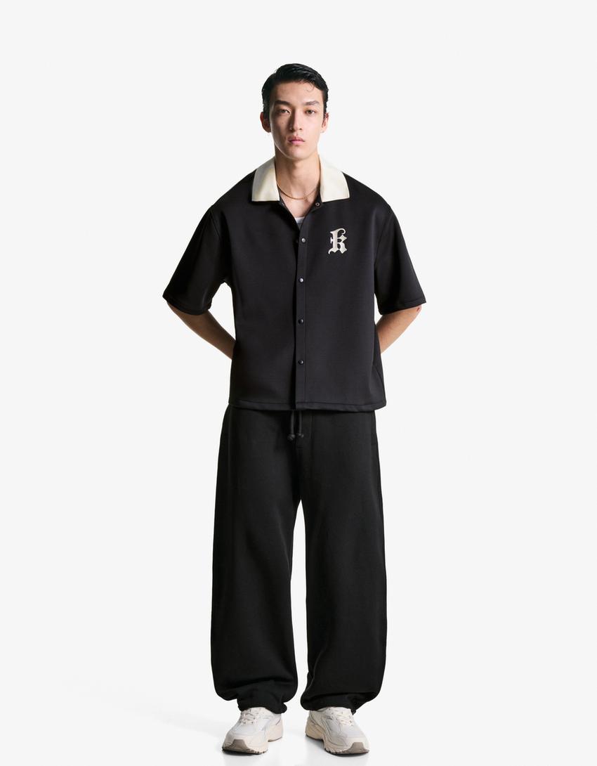 Embroidered short sleeve boxy fit shirt-Black-3