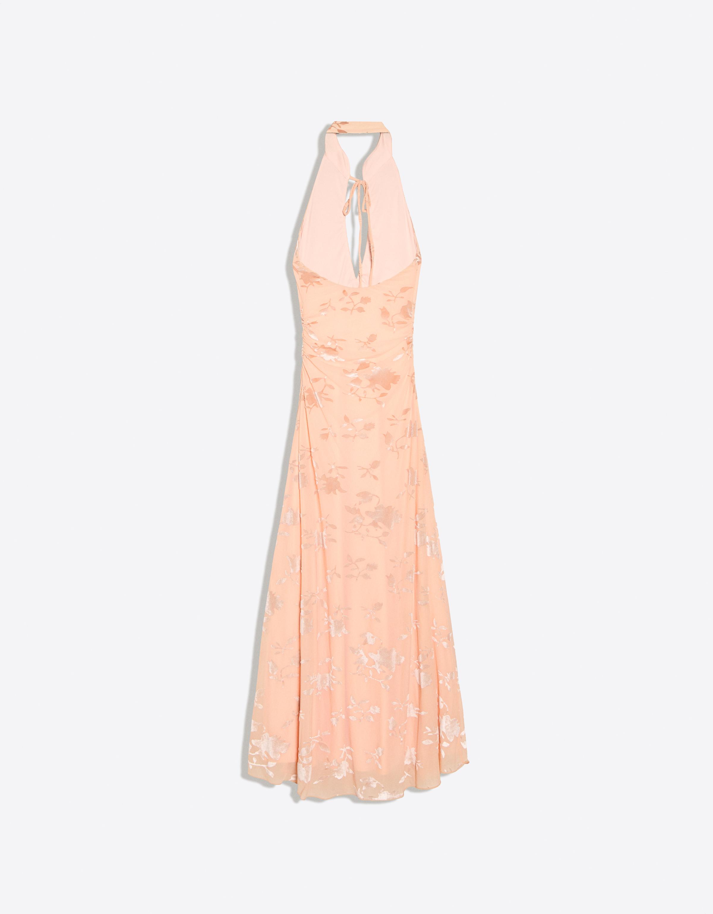 Flocked tulle halter midi dress — Orange