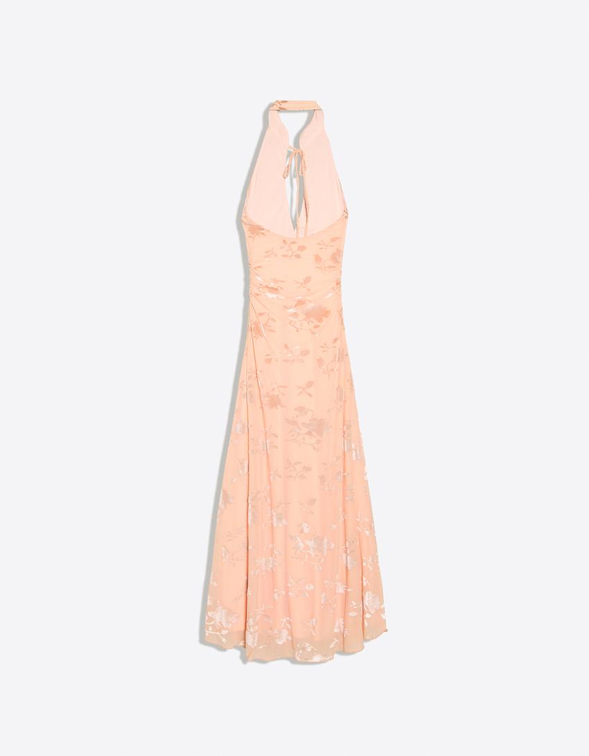 Flocked tulle halter midi dress-Orange