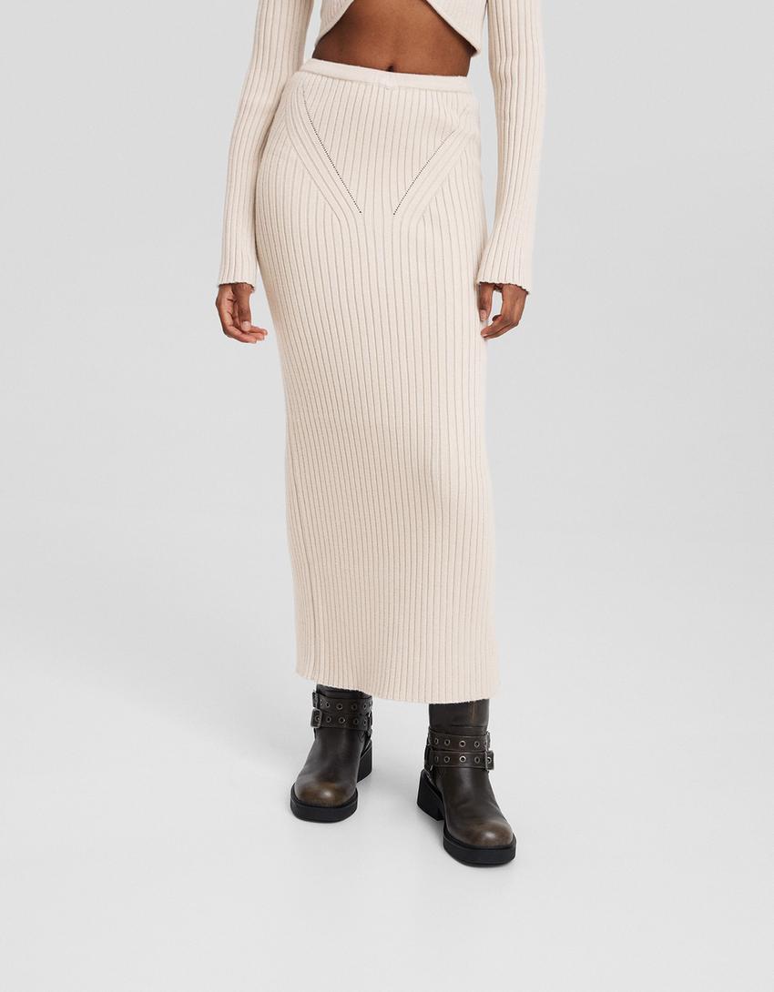 Ribbed knit midi skirt-Grey
