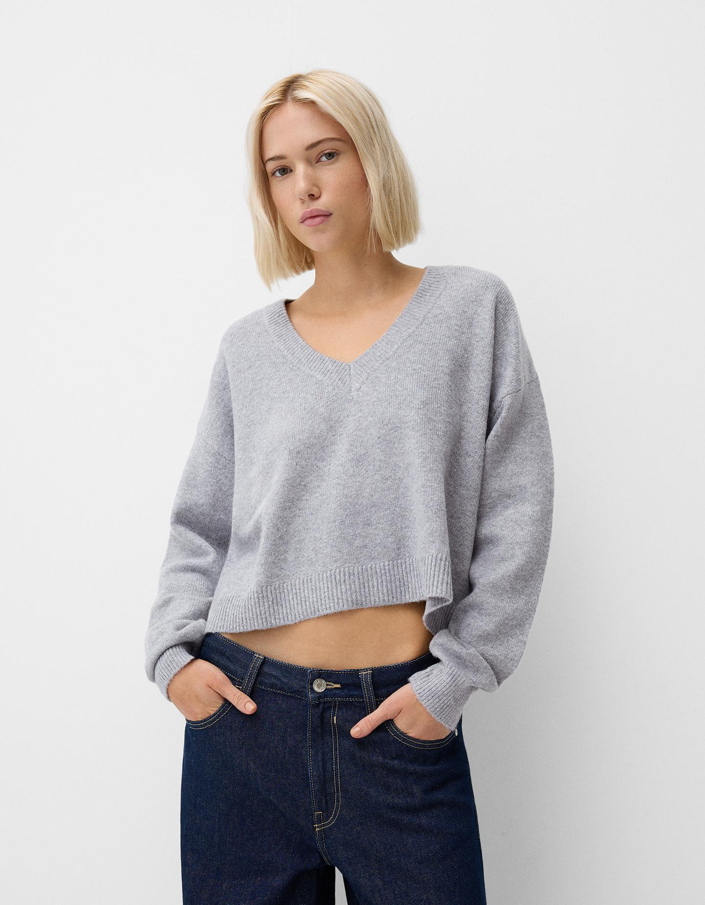 Bershka Maglia Scollo A V Cropped Donna L Grigio