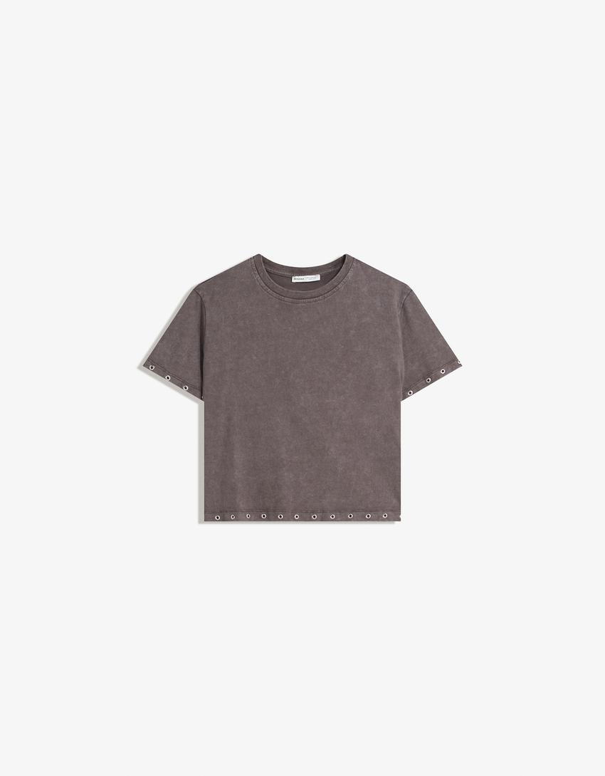 T-shirt à manches courtes à œillets-Marron