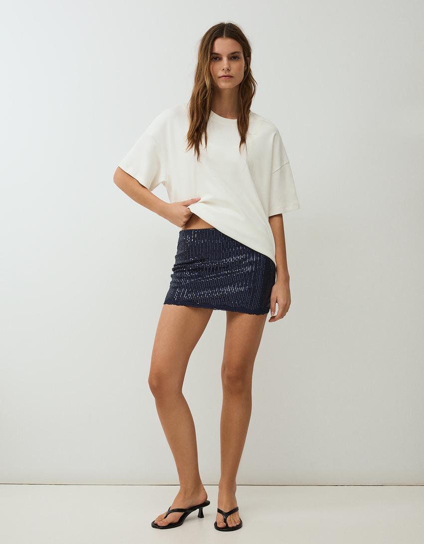 Lace sequinned mini skirt-Navy