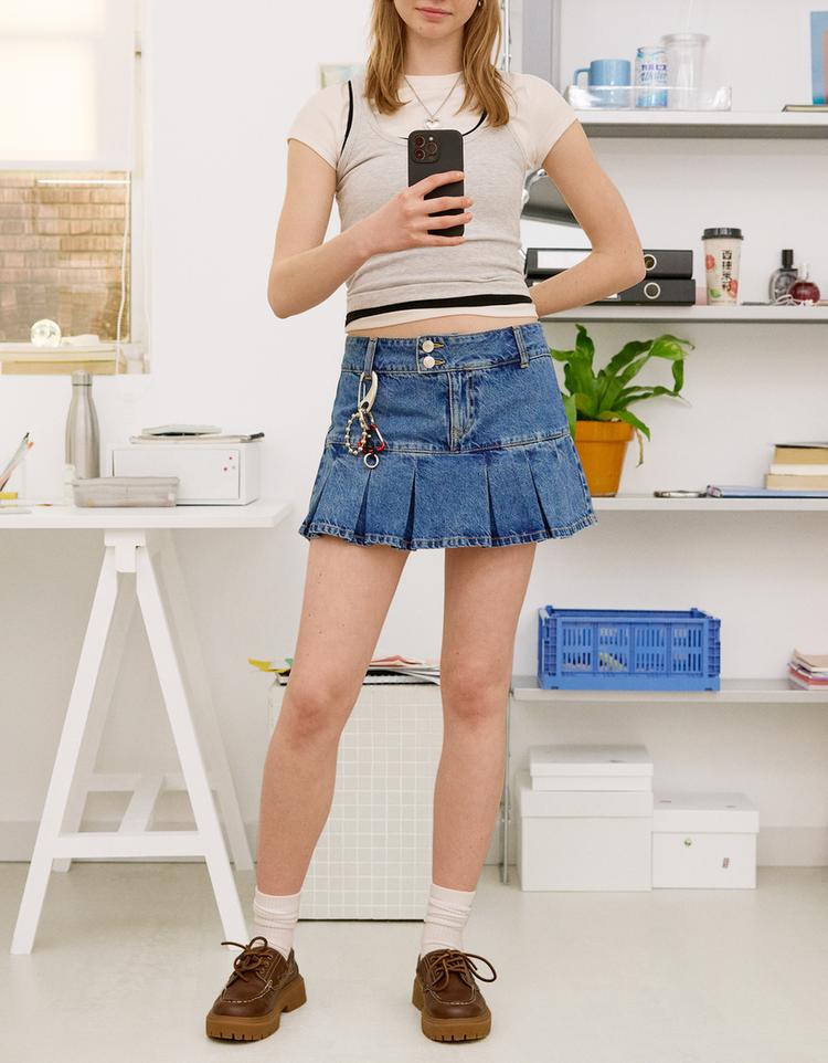 Duble pilili denim mini etek