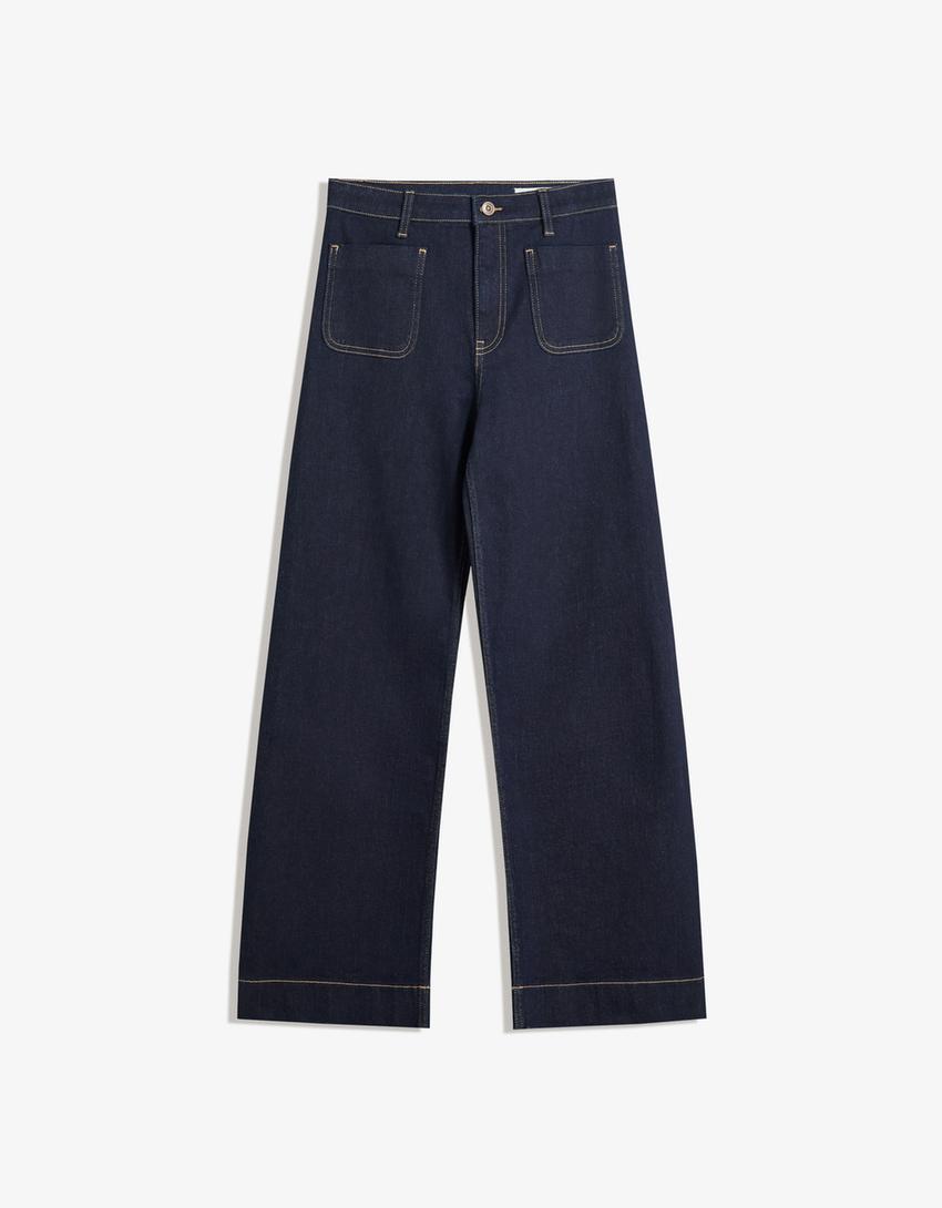 Jeans wide leg sans coutures poches-Marine