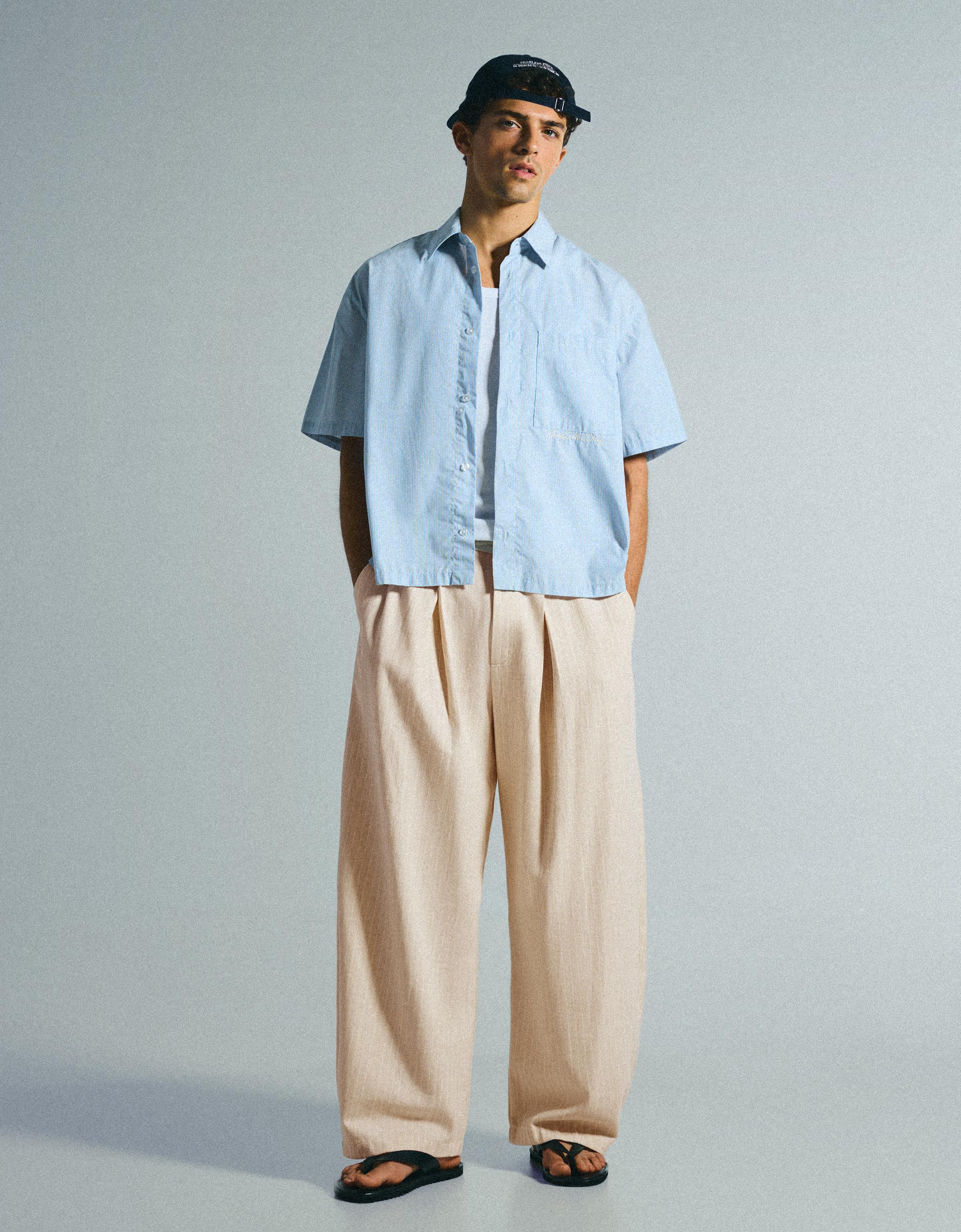 Bershka Pantalón Super Baggy Pinzas Hombre Arena