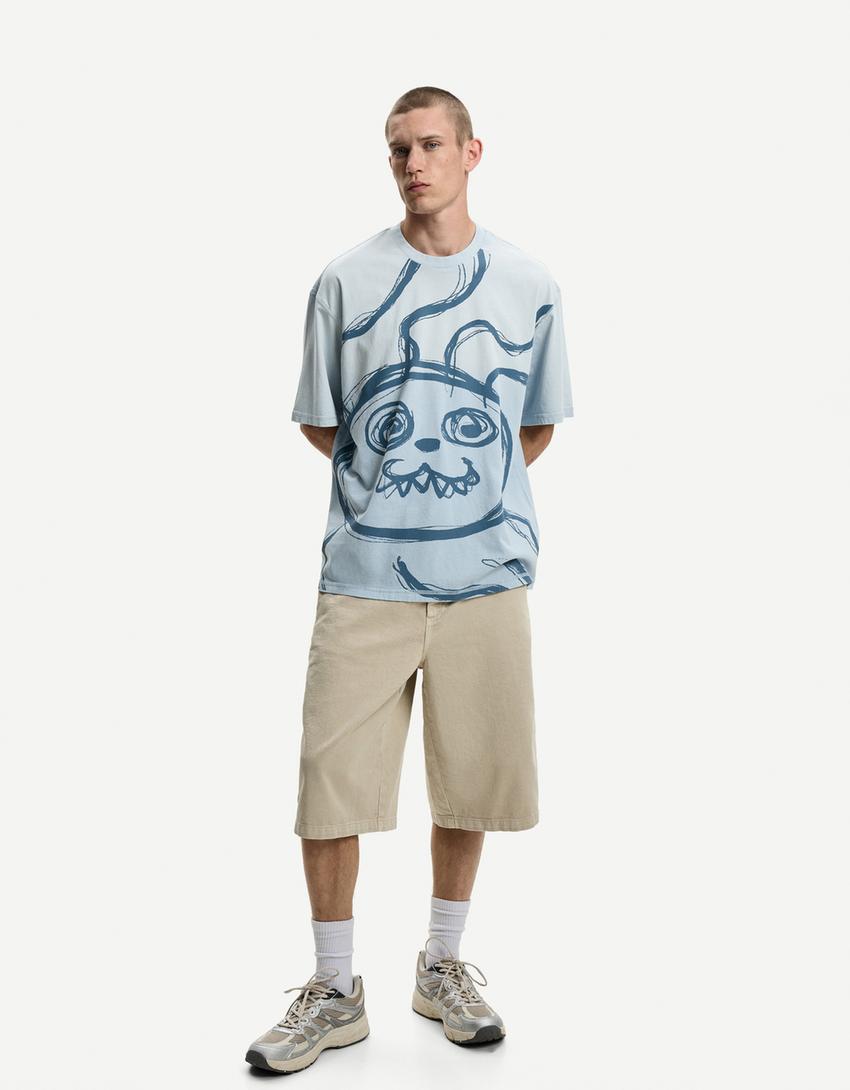Tricou mânecă scurtă print-Albastru deschis-3