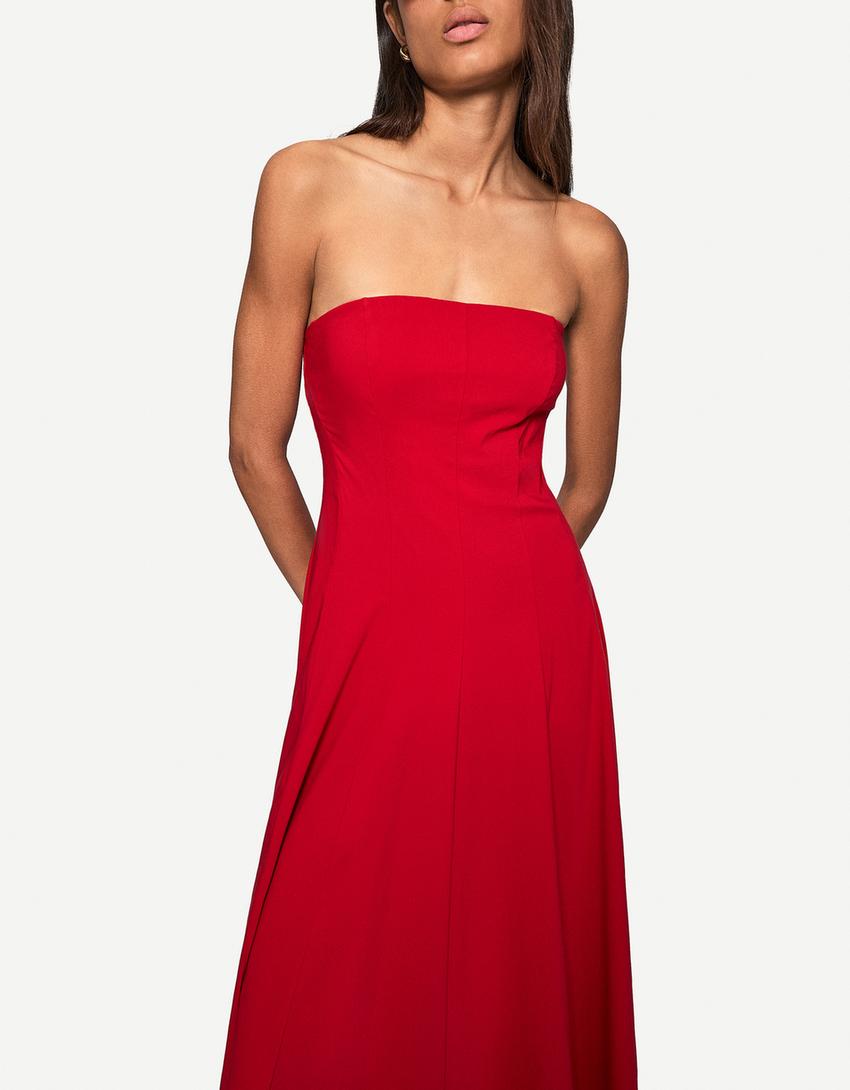 Bandeau neckline midi dress-Red-2