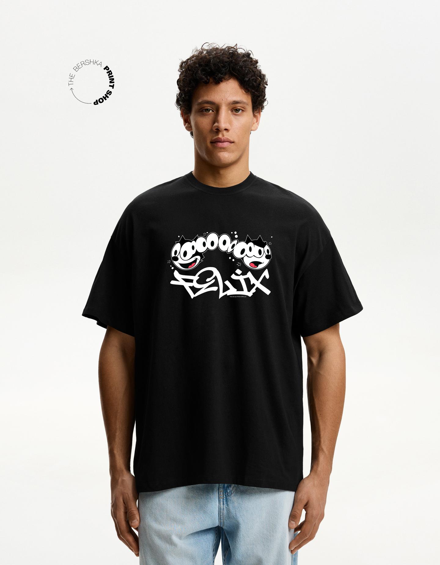 Bershka koszulka z krótkim rękawem felix the cat czarny