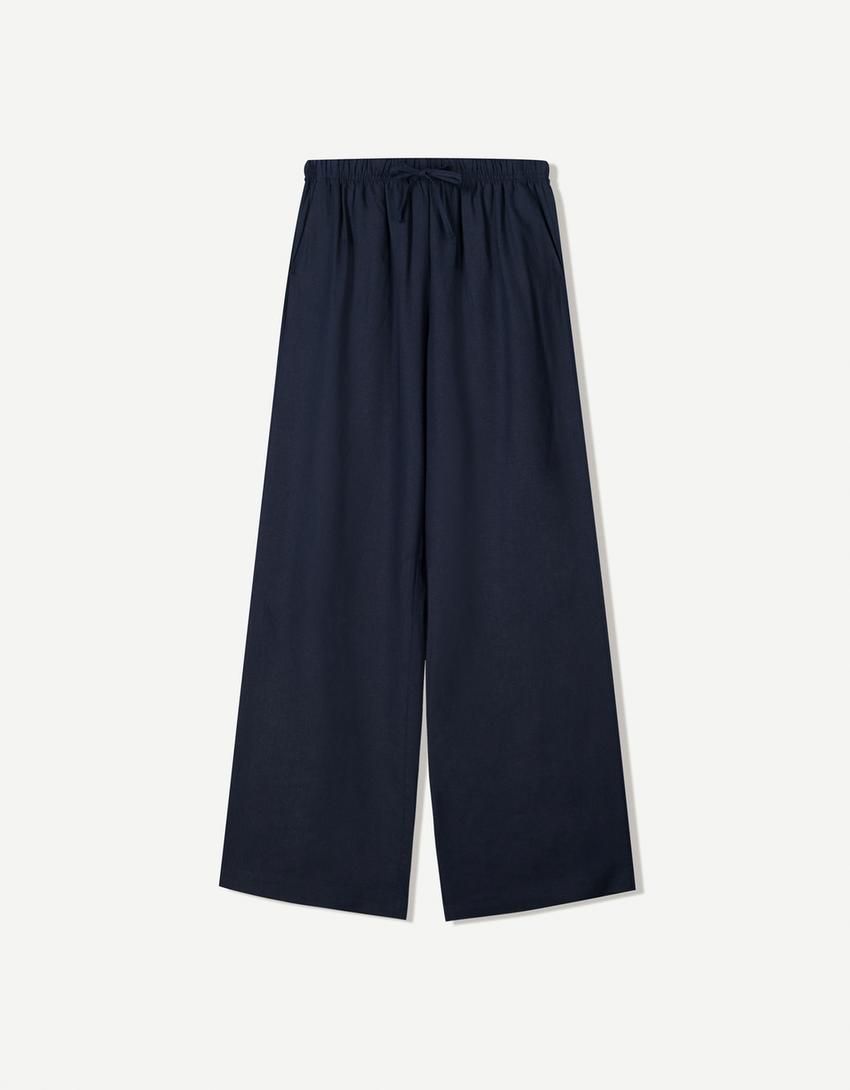 Linnenmix broek met elastische tailleband-Marineblau-3