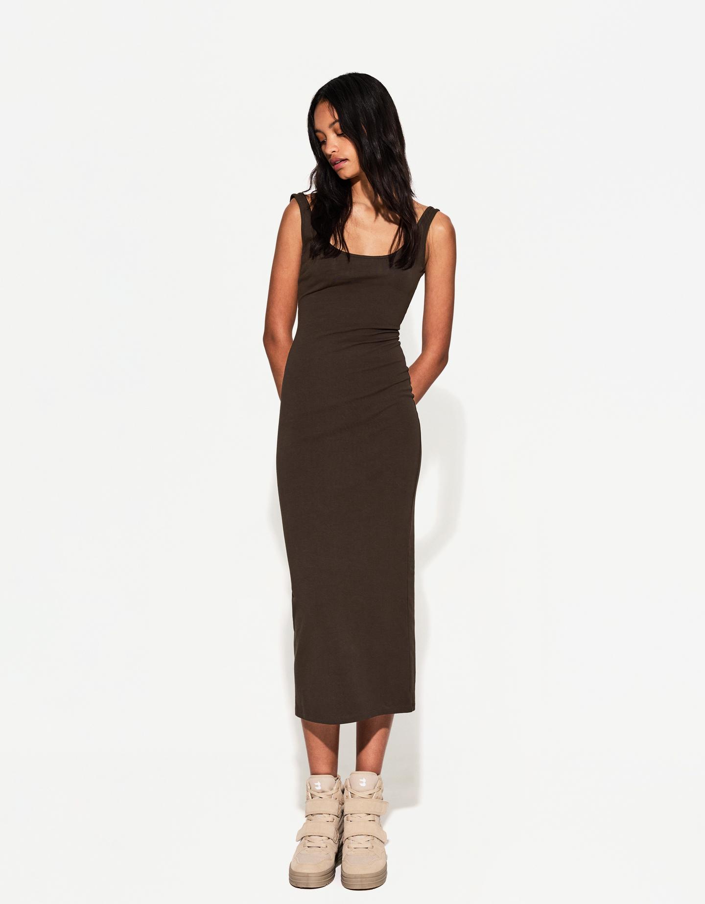 Bershka Robe Midi À Bretelles Femme M Marron