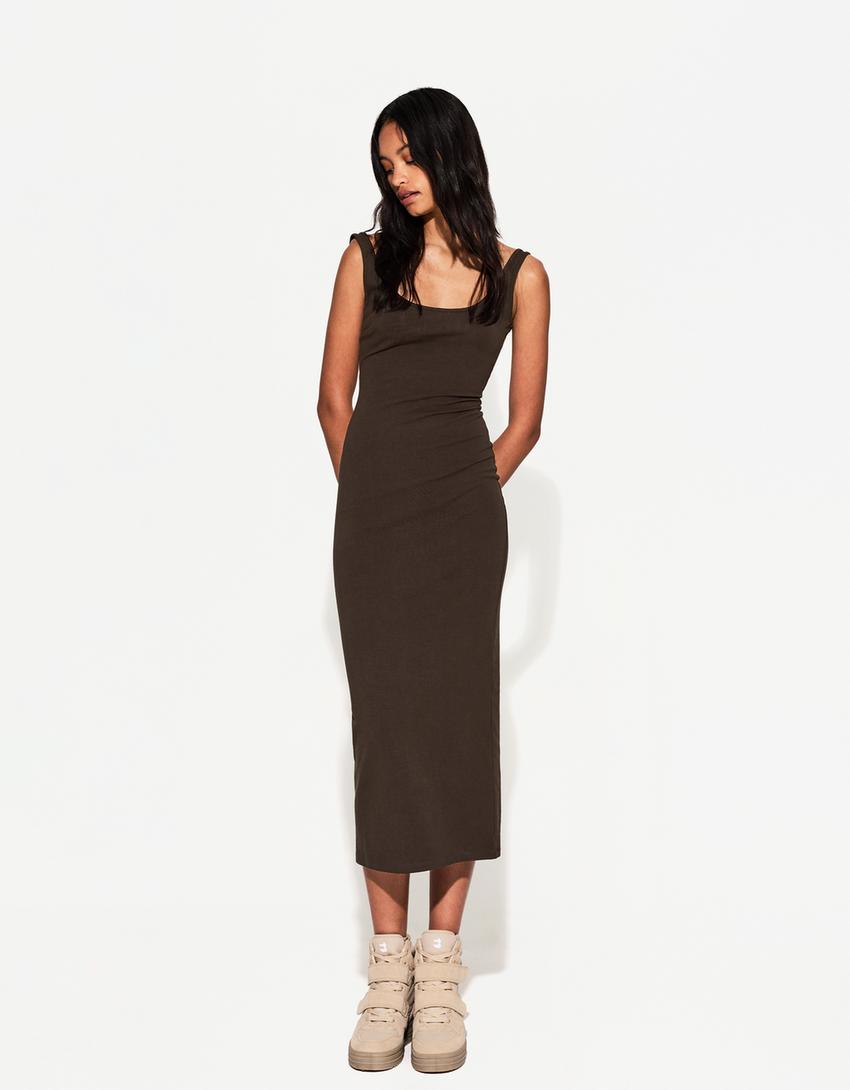 Vestido midi tirantes-Marrón