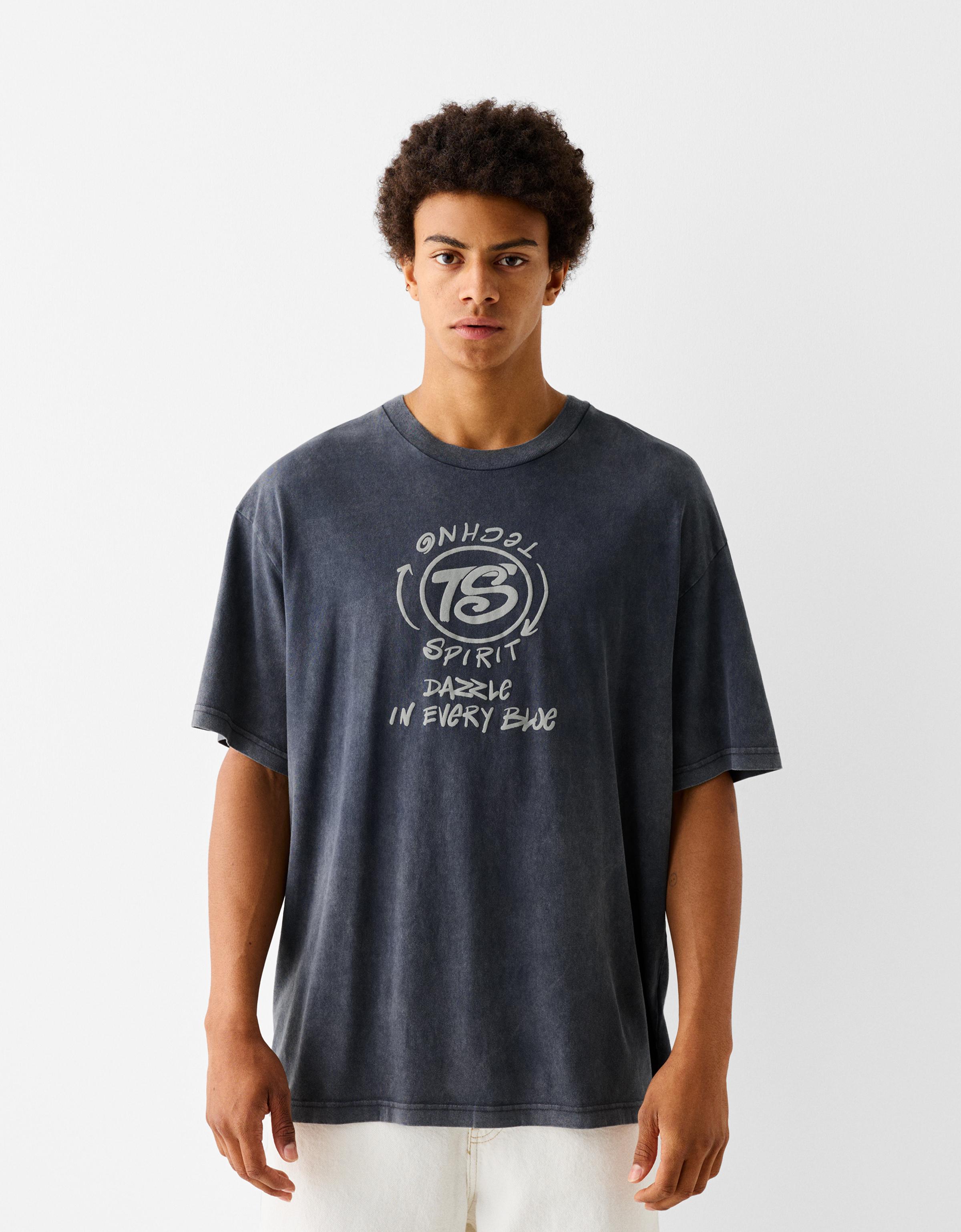 Bershka T-Shirt Kurzarm Washed-Look Herren M Grau