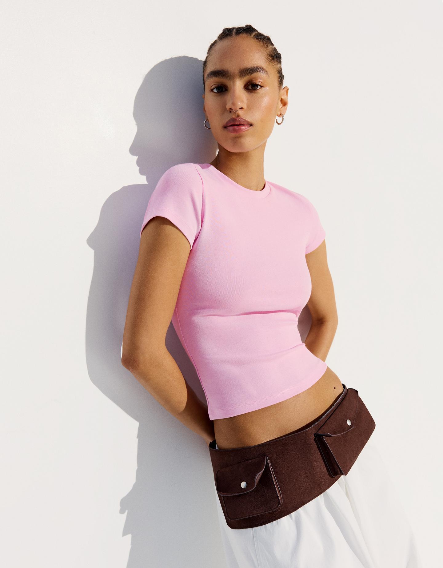 Bershka Camiseta Manga Corta Cuello Redondo Mujer Rosa