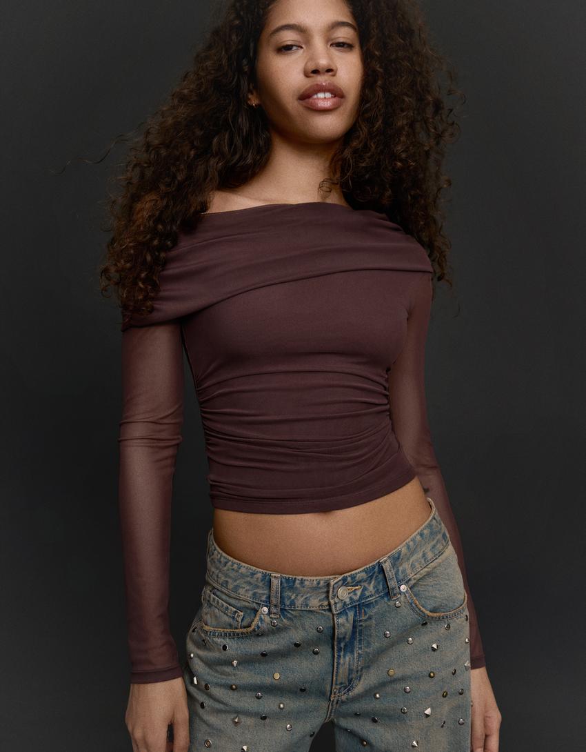 Asymmetric tulle long sleeve T-shirt-Brown