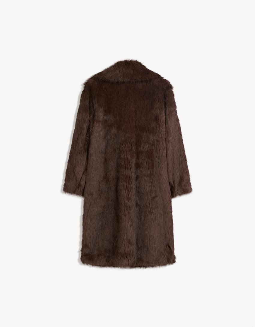 Manteau long fausse fourrure-Marron