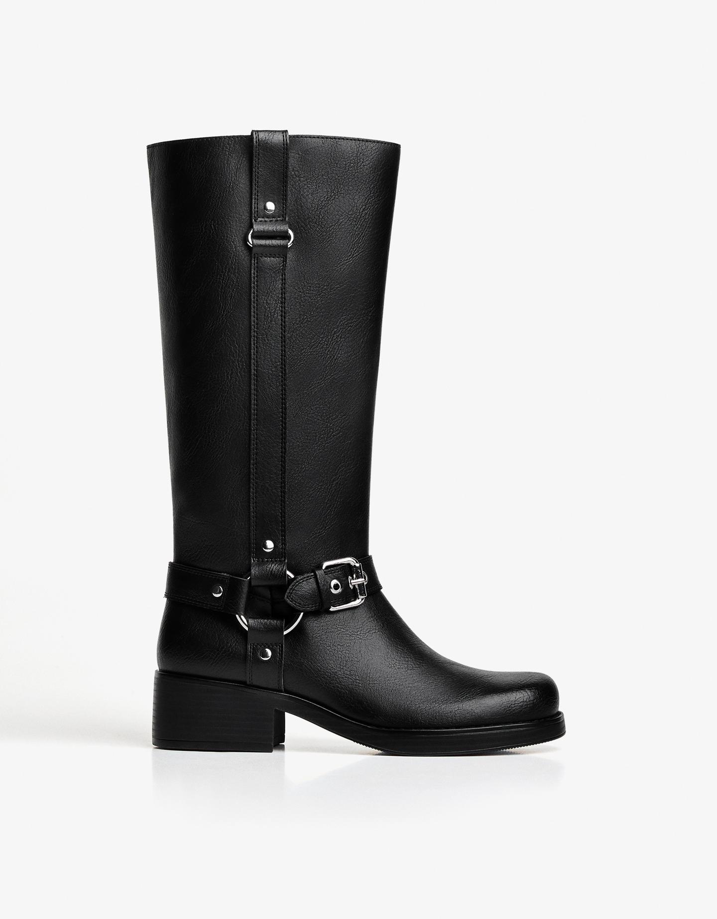 Bershka płaskie buty biker czarny