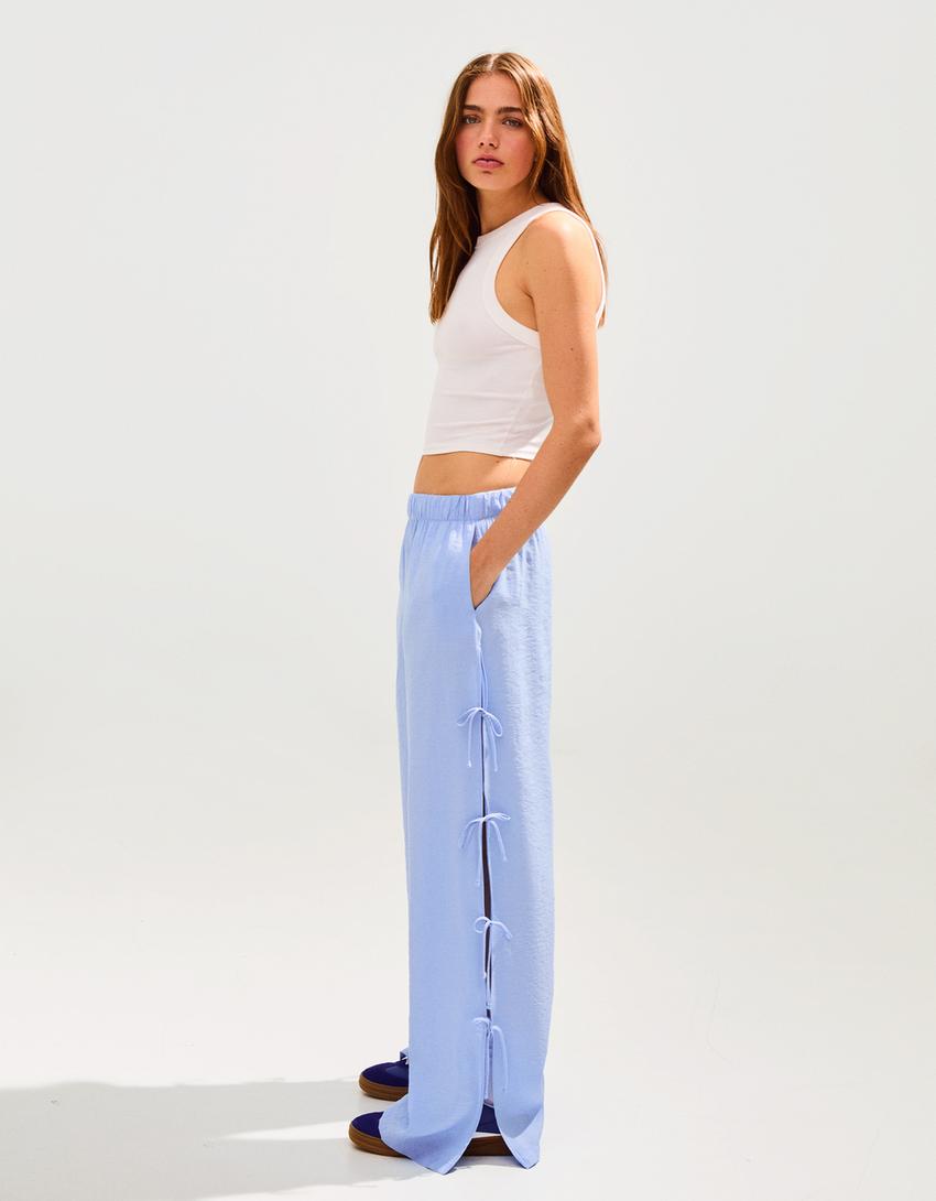 Yanı bağcıklı dökümlü pantolon-Açık mavi-2